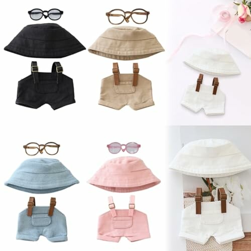 Verschillende baby zomeroutfits met hoeden en brillen.
