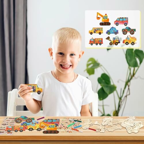 Kind speelt met voertuigenpuzzel.