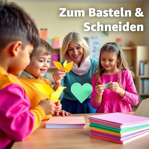 Kinderen knutselen met papier in klaslokaal.
