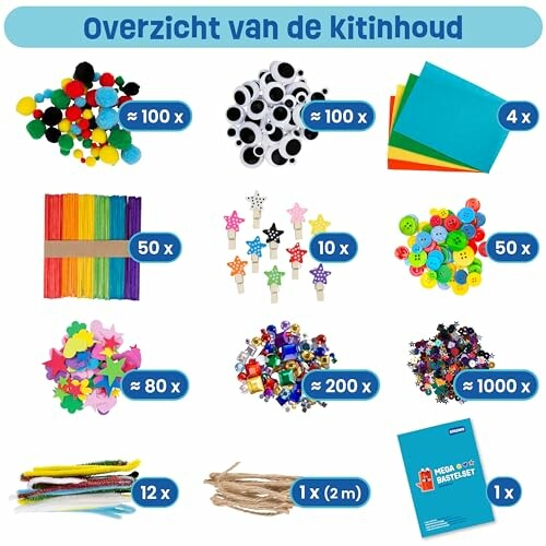 Overzicht van knutselpakketinhoud met verschillende materialen.