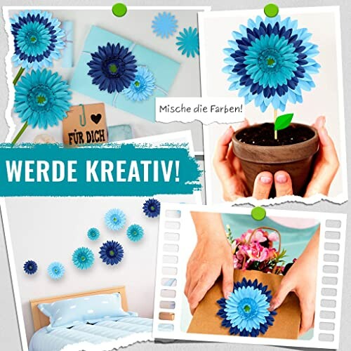 Papieren bloemenambacht met blauwe en turquoise bloemen.