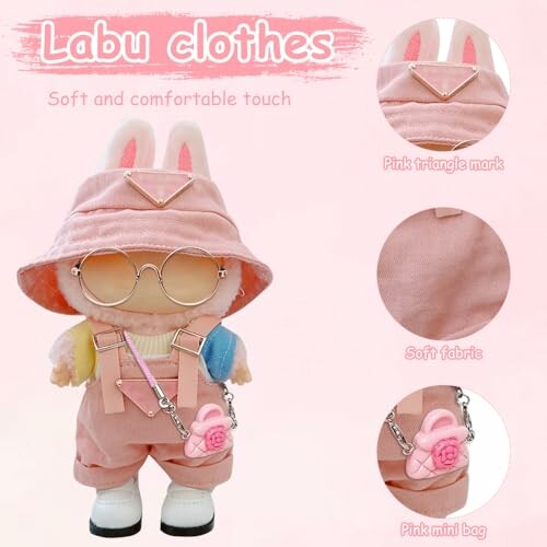 Schattige konijnenpop met roze outfit en accessoires.