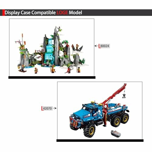 Twee LEGO-modellen, een bergscène en een blauwe vrachtwagen met kraan.