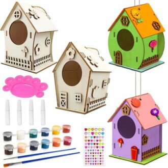 DIY vogelhuisjes schilderij kit met verf en stickers.