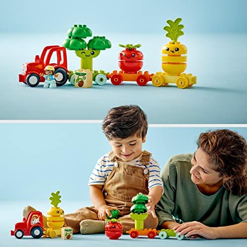 Kind speelt met DUPLO-groententrein en ouder