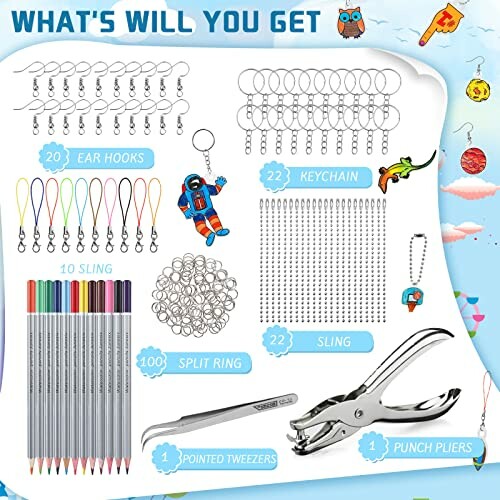 Set met oorhaken, sleutelhangers en gereedschappen voor handwerk.