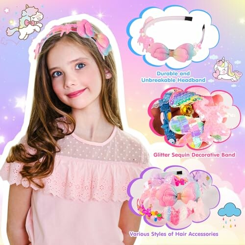Meisje met kleurrijke haaraccessoires en eenhoorn thema
