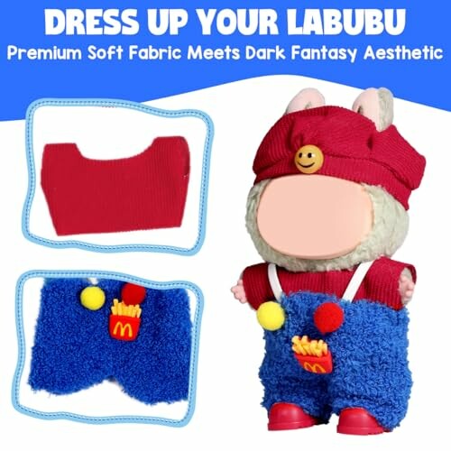 Labubu speelgoed gekleed in rode en blauwe outfit