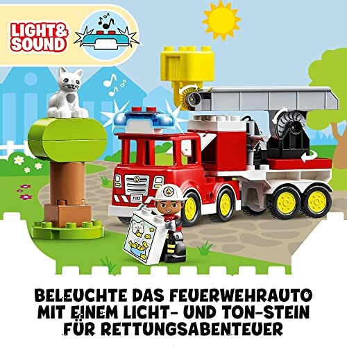 Lego brandweerauto met kat op een boom