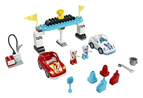 Lego racewagenspeelgoed met accessoires en minifiguren.