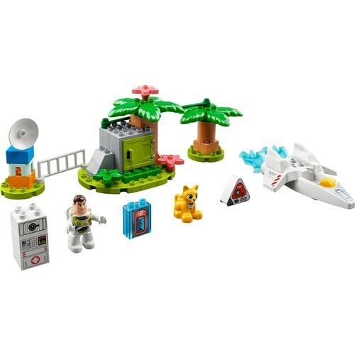 LEGO-set met ruimtevaartthema, inclusief astronaut, kat, ruimteschip en bomen
