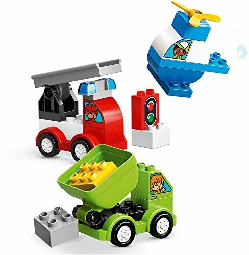 Verschillende LEGO-voertuigen en een helikopter