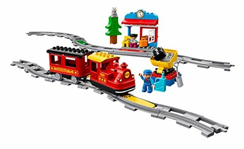 LEGO treinset met rode trein, rails en station