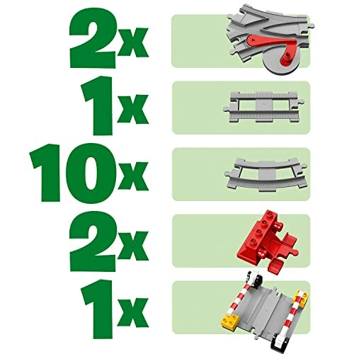 Verschillende LEGO treinspooronderdelen met hoeveelheden