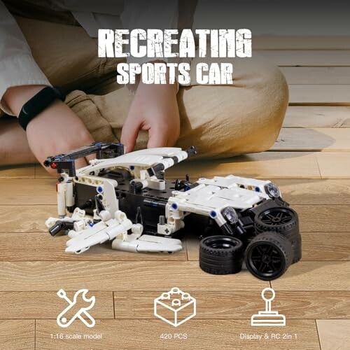 Bouwpakket van een sportauto met onderdelen en instructies