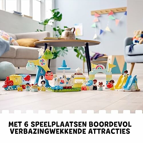 Speelgoed speeltuin set met verschillende attracties in een woonkamer.