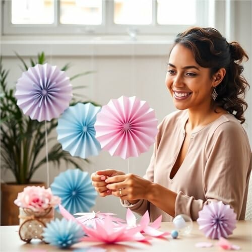 Vrouw maakt papieren bloemen.